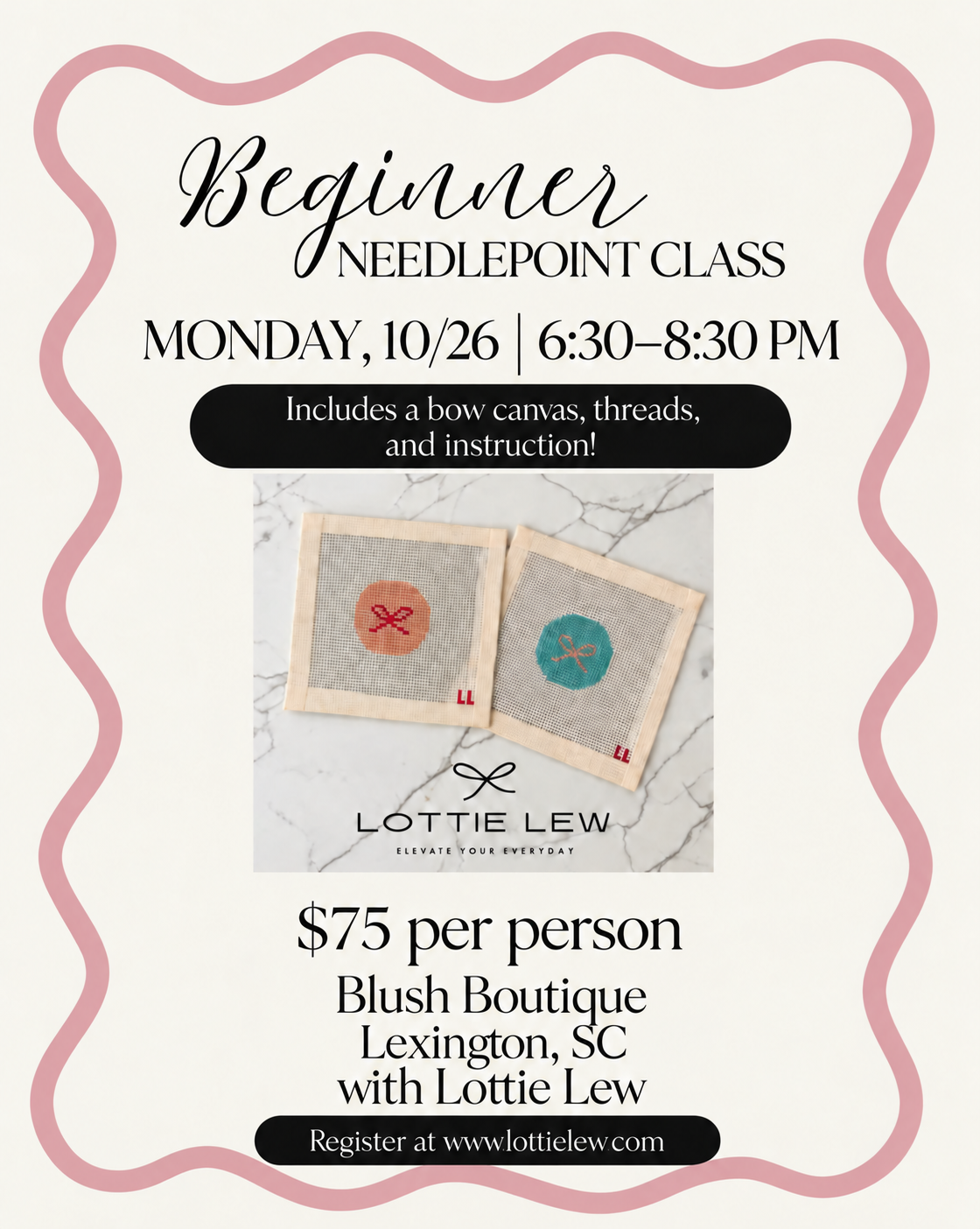 Beginner Needlepoint Class | Monday, October 26 (2026) at Blush Boutique